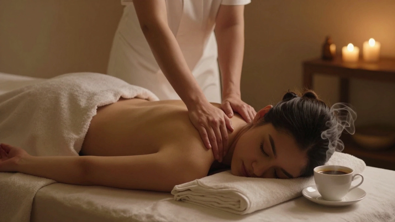 A person receiving a gentle massage in a calm, candlelit spa setting with coffee nearby.