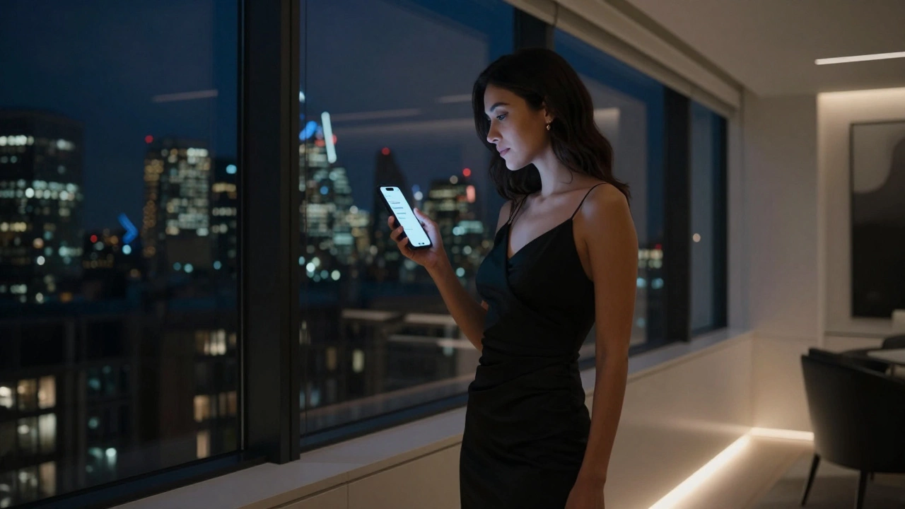 A woman in a black dress by a London window, holding a smartphone with encrypted messages.
