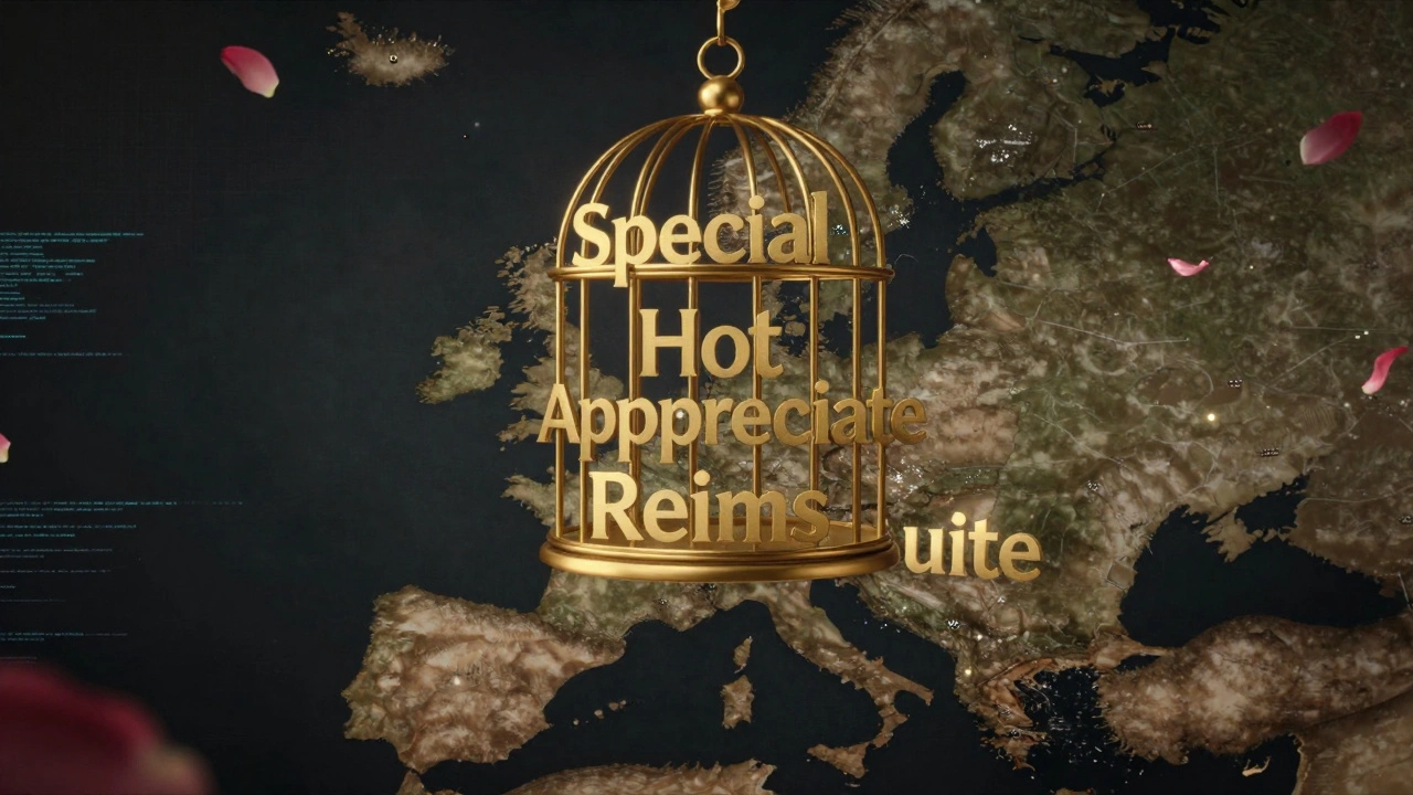 Abstract golden keywords forming a cage above a European map, surrounded by fading petals and digital noise.